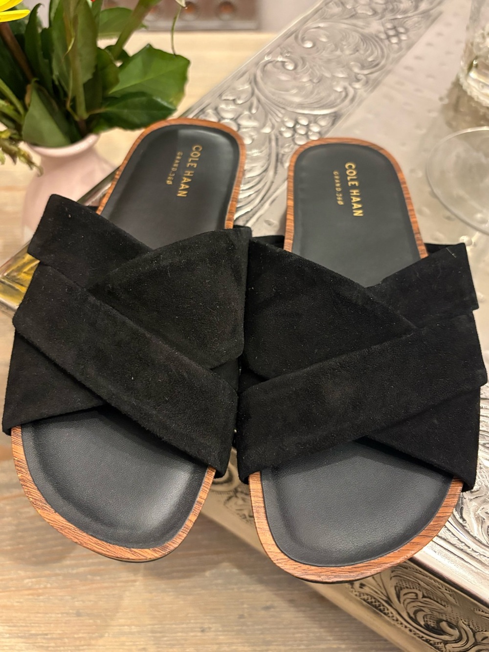 Cole Haan Black Slide Mules with Wood-Effect Platform